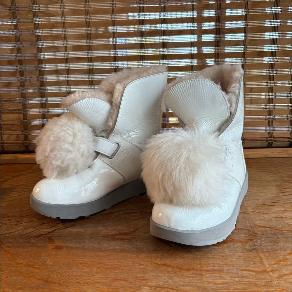 Ugg Isley Patent Leather Shearling Pompom Boots